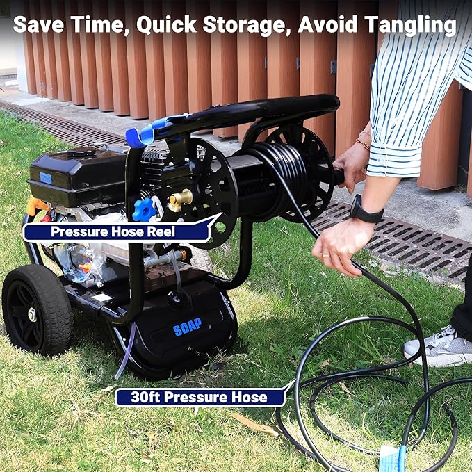 Gas Pressure Washer, 3600 PSI 2.3GPM Gas Powered Pressure Washer 212CC 4-Stroke OHV Engine, 30ft Hose&Reel 5 Nozzles Commercial High Pressure Washer for Cars Fences Driveways Patios Furniture