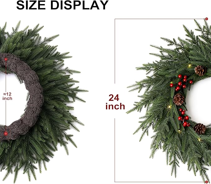 Christmas Wreaths for Front Door - 24" Artificial Christmas Wreath - Real Touch Norfolk Pine Wreath for Door,Wall,Windows,Indoor Outdoor -Christmas Decorations -Holiday Decor -Free Battery LED Lights