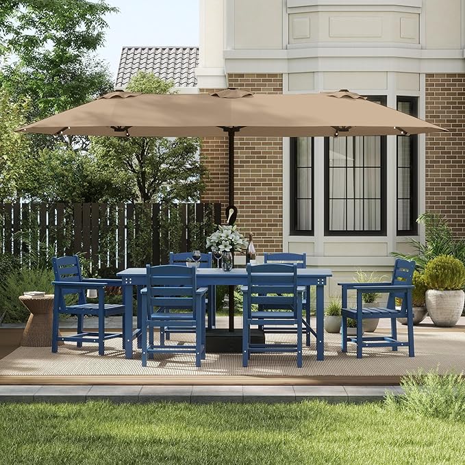 13FT Double-Sided Patio Umbrella with 48 Solar LED Lights, Large Rectangular Outdoor Market Umbrella with Crank Handle, Vented Canopy, Heavy-Duty 12 Rib Steel Frame, for Backyard, Garden, Pool, Beige