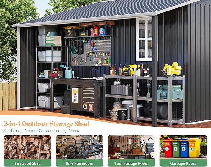 Jocisland 12x12x6.6 FT Galvanized Metal Storage Shed with Open Firewood Bay, Sliding Doors & Ramp, 2 Windows & Vents, Weather-Resistant Outdoor Tool/Garden Shed, Dark Grey/White
