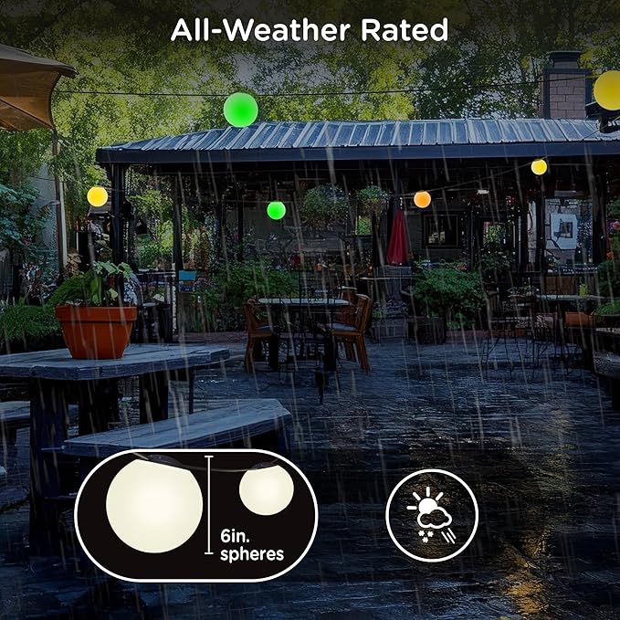 Enbrighten Vibe Sphere Outdoor String Lights, 57ft, 12 RGBWIC Bulbs, 6in Extra Large Spheres, Waterproof, Patio, Backyard, Gameday, Holiday, Smart App, Compatible with Alexa, Google Home, 85976