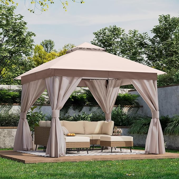 LAUSAINT HOME Semi-Permanent Patio Gazebo 10'x10' with Expansion Bolts, Outdoor Heavy Duty Party Shelter with Double Roofs, Mosquito Nettings and Privacy Screens for Backyard, Garden, Lawn, Khaki