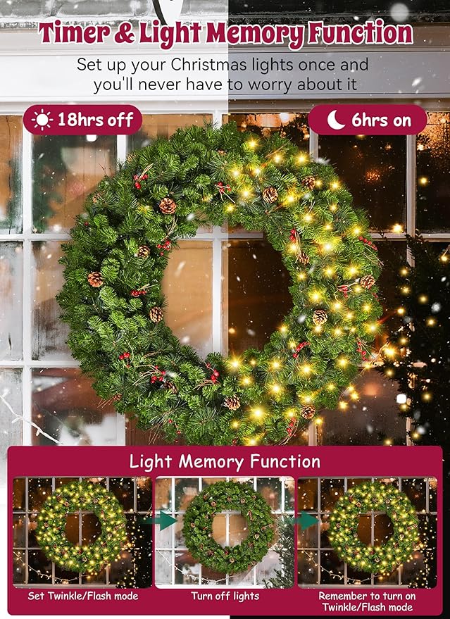 Brightown 48-inch Large Christmas Wreath with Timer and Memory Function, Featuring 200 Warm White LED Lights, PVC Pine Needles, Leaves, Red Berries and Cones, for Doors, Walls and Mantels, Plug-in
