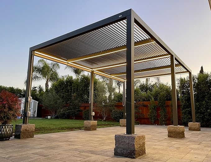 PURPLE LEAF LED Louvered Pergola 94AS 12'x 20' Full Aluminum Frame and Adjustable Roof Integrated Strip Lights for Outdoor Deck Garden Patio Gray Hardtop Gazebo Pergola