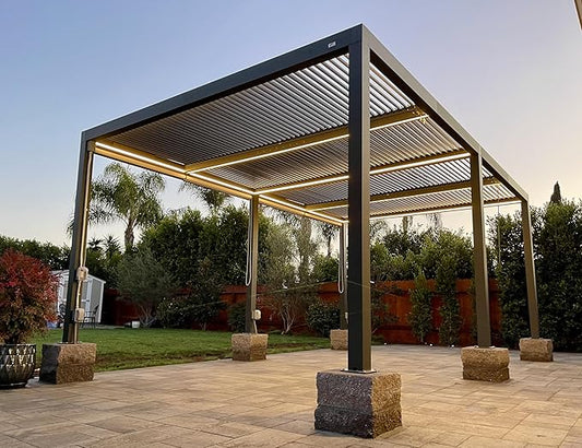 PURPLE LEAF LED Louvered Pergola 94AS 12'x 20' Full Aluminum Frame and Adjustable Roof Integrated Strip Lights for Outdoor Deck Garden Patio Gray Hardtop Gazebo Pergola