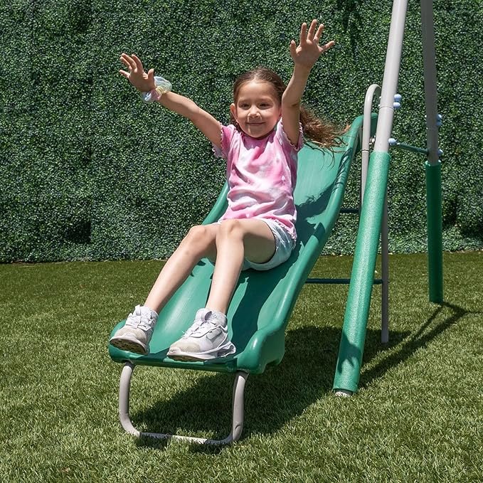 Sportspower Northridge Metal Swing Set, 500 lb Capacity, 32" Saucer, 2 Blow-Molded Swings & 5ft Slide, Durable 6ft Frame, Outdoor Backyard Playset for Kids Aged 3–8