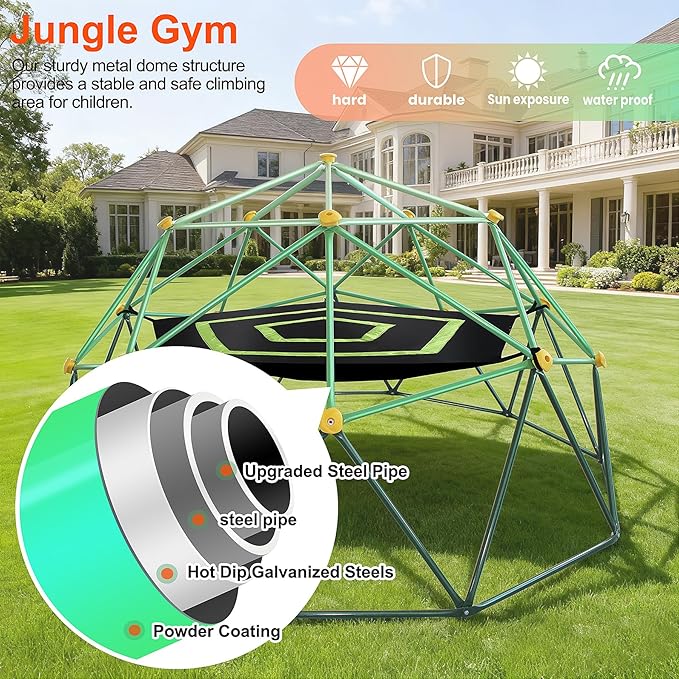 10FT Kids Climbing Dome Jungle Gym, with Hammock, All-Weather Heavy Duty Outdoor Playset for Ages 3-12, IPX9 Steel Frame, Backyard, Park, Indoor Use