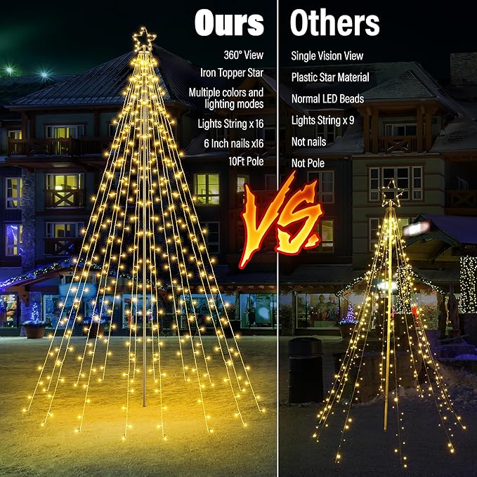 Flacchi 10 FT 404 LED Star String Lights Outdoor - Pole Set with Remote, Multiple Lighting Modes, Timer, and Waterproof Feature for Ultimate Holiday Decor (Warm White)