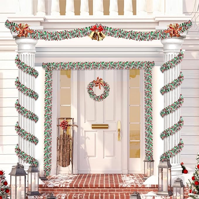 50FT Red Green White Christmas Tinsel Garland Metallic Twist Shiny for Christmas Tree Decorations, Xmas Holiday Hanging for Home Mantle Stair Indoor Outdoor Party Supplies Decor