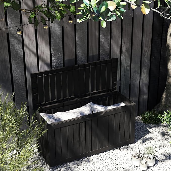 Mersco 72 Gallon Double-Wall Resin Deck Box - Lockable Waterproof Outdoor Storage Box, 515lbs Capacity & Doubles as Seating for Patio Furniture - Garden Tools, Pool Accessories (Black)