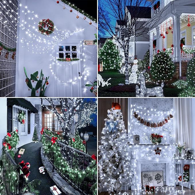 196FT 600 LED White Christmas Lights, Timer & Memory Function, 8 Modes Christmas String Lights Plug in Fairy Lights for Xmas Tree Holiday Garden Party Decor