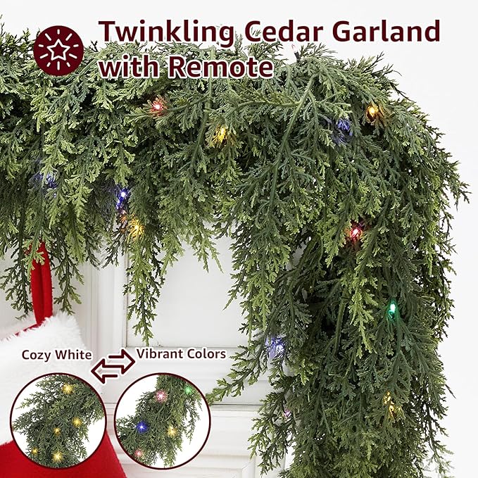 Cedar Christmas Garland with Lights for Mantle - Decorations 9ft Realistic Lighted Faux Pine Garlands for Xmas Home Decoration Indoor Stairs Railing Fireplace Outdoor 9 ft Prelit Garland Door Decor
