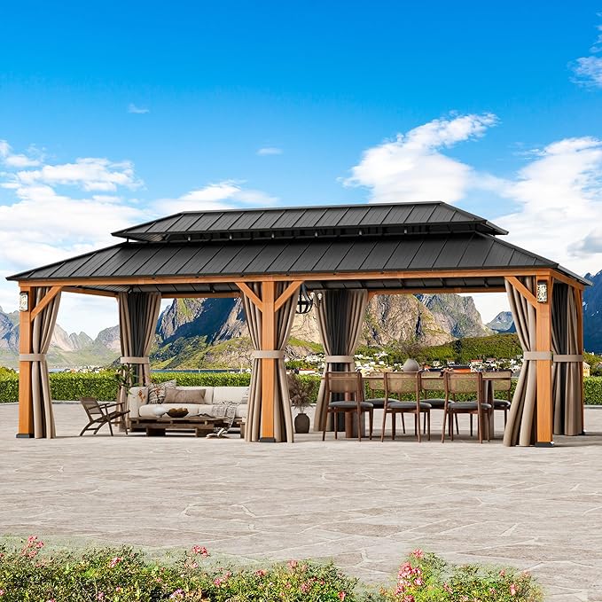 Modern Shade The Horizon Permanent Hardtop Gazebo 12' x 24' with 4 LED Lights, Outdoor Gazebo w/Galvanized Steel Double Roof, Patio Pavilion w/Decor Hooks, Mosquito Netting and Curtains, Wood-Looking