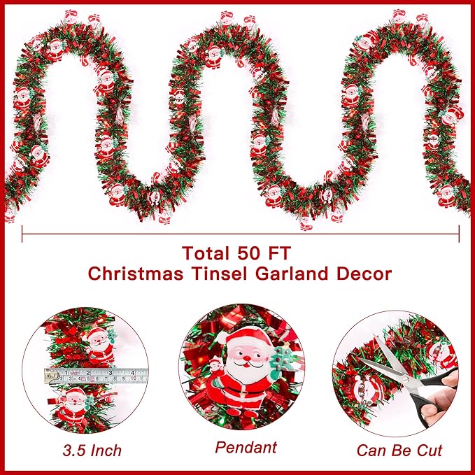50FT Red Green Christmas Tinsel Garland with Santa Claus Ornaments, Metallic Xmas Christmas Tree Garland Decorations Indoor Outdoor for Home Fireplace Mantle Stair Office Classroom Party Holiday Decor