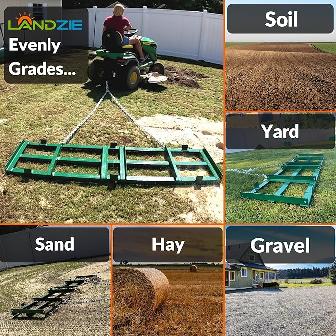 LANDZIE - The Original 8FT Drag Harrow Driveway Grader, 64 LB Heavy Duty Tow Behind Lawn and Landscape Rake, Gravel Driveway Drag, Power Rake , Lawn Leveler