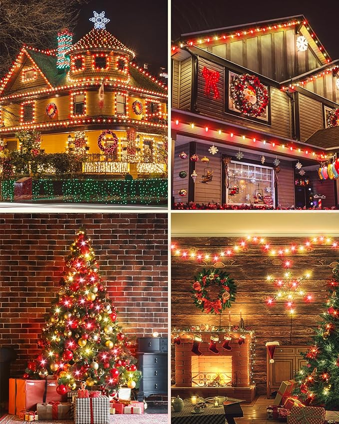 DEWENWILS C9 Red & White Christmas Lights, 33.3ft 50 LED String Lights Waterproof, Indoor/Outdoor Xmas Bulb Light with Hook for House, Xmas Tree, Patio, Garden, Yard, Porch, Green Wire, UL Listed