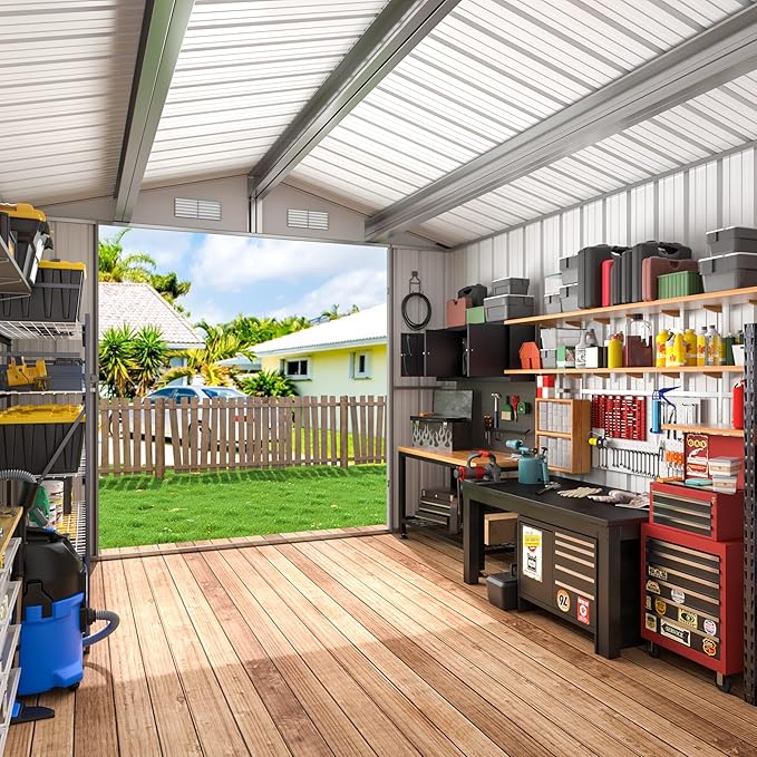 8x12 FT Outdoor Storage Shed, Metal Garden Tool Shed with Updated Frame Structure and Lockable Doors, Ideal for Backyard Garden Patio Lawn, Grey