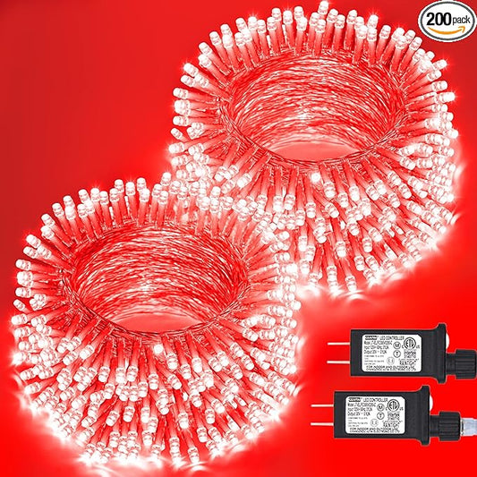 JMEXSUSS 2 Pack 100 LED Red Christmas Lights Outdoor Waterproof, Each 33ft Red String Lights Indoor Plug in, 8 Modes Connectable Christmas Tree Light for Xmas Yard Bedroom Fireplace Party Decorations