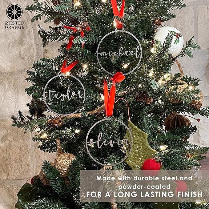 Minimalist Custom Ornaments (5 Pack; 9 inch) - Personalized Modern Metal Cursive Name Christmas Ornaments for Christmas Tree