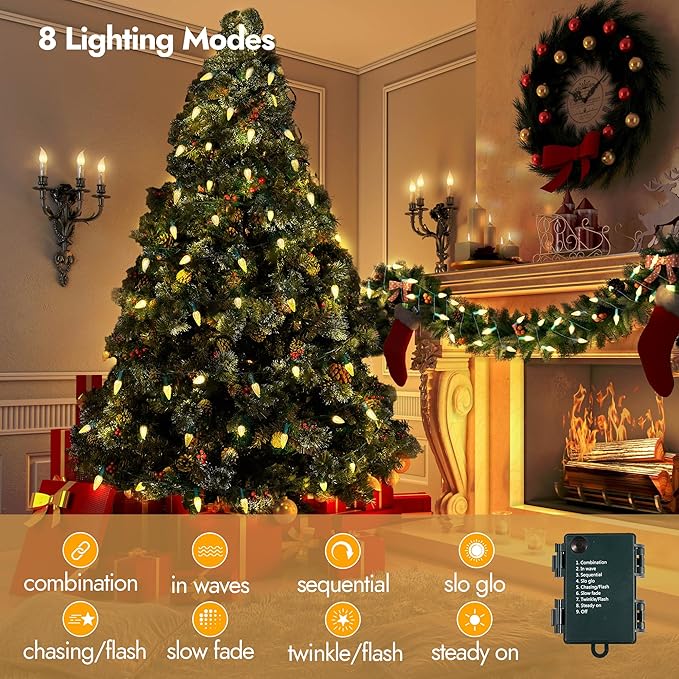 WBao Battery Operated Christmas Lights 100 LED 34ft C6 Christmas String Lights with 8 Modes, Timer, Waterproof Design for Indoor Outdoor Trees, Fence, Stairs Xmas Decorations, Warm White