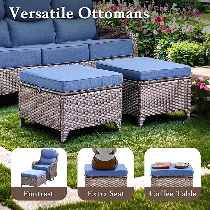 Luxury High Back Outdoor Furniture with 6-inch Extra Thick Cushions, Patio Furniture Set with Swivel Chairs, 5 PCS Wicker Conversation Set for Yard, Patio, Deck, Poolside, Brown/Blue