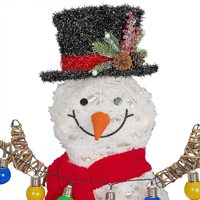 Alpine Corporation CHT972, White Mesh Fabric 3D Snowman Holding Christmas Lights with 60 Warm White LED Lights - Large 4 Feet Tall Indoor/Outdoor Holiday Décor, Christmas Decoration