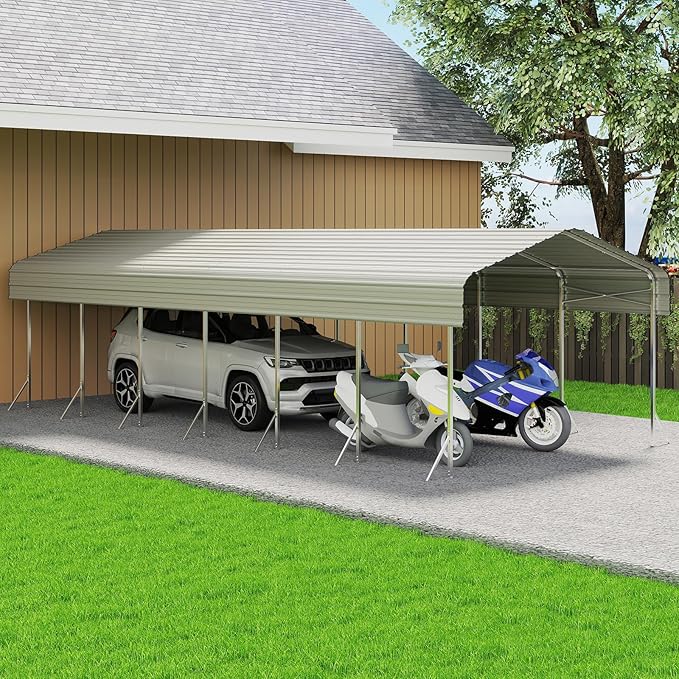 14x30ft Heavy Duty Metal Carport – Outdoor Galvanized Garage, Sturdy Structure, All-Weather Protection, Easy Assembly for Cars, Trucks, Boats, Tractors, and Outdoor Storage (Beige, 14x30FT)