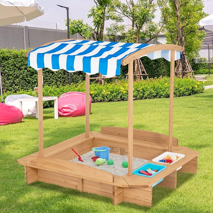 Costzon Kids Wooden Sandbox with Canopy, 50x46in Cedar Cabana Sandpit w/Ground Liner, 2 Toy Storage Boxes, Children Outdoor Playset Station for Backyard, Home, Lawn, Garden, Beach