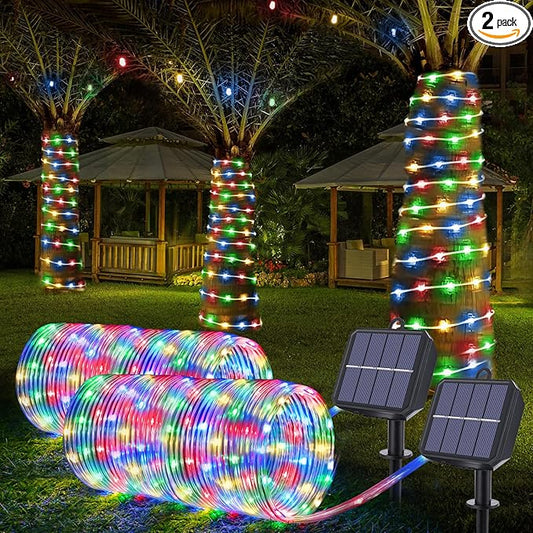 Solar Rope Lights, 2 Packs Total 132ft 400LED Solar String Lights, 8 Modes Waterproof Solar Powered Outdoor Light, Flexible Clear Tube Light for Garden Backyard Patio Deck Pool Tree Decor - Multicolor