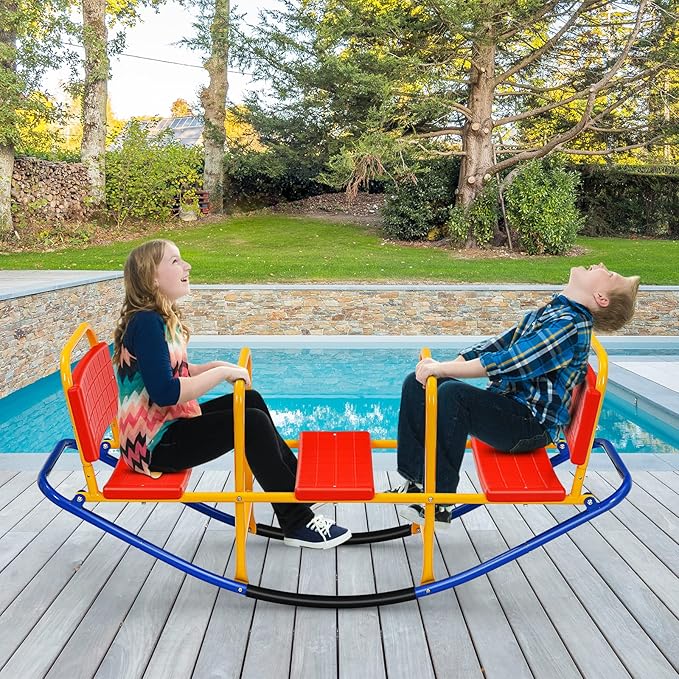 HONEY JOY Kids Seesaw Teeter Totter, 3-Person Heavy Duty Metal Playground Equipment for Backyard, Indoor Outdoor Rocking Fun for Toddlers Boys Girls Age 3-8, Teeter Totter for Kids Outdoor(Red)
