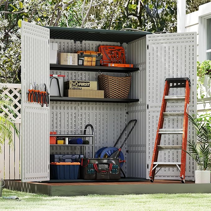 Vertical Resin Storage Shed with 2 Shelves, 60 Cuft Garden Tool Sheds & Outdoor Storage, Plastic Outdoor Storage Cabinet Waterproof, 4.5 x 2.3 ft Backyard Outside Lawn Mower Storage Shed, White