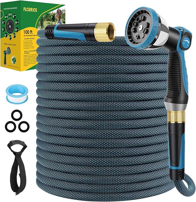 Non-Expandable Garden Hose 100 FT, Lightweight Hose with 10 Function Spray Nozzle, Kink-Free Flexible Water Hose, Durable, Leak-Proof, 360¡Æ Swivel Connectors, Portable Storage Strap