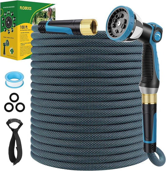 Non-Expandable Garden Hose 100 FT, Lightweight Hose with 10 Function Spray Nozzle, Kink-Free Flexible Water Hose, Durable, Leak-Proof, 360¡Æ Swivel Connectors, Portable Storage Strap