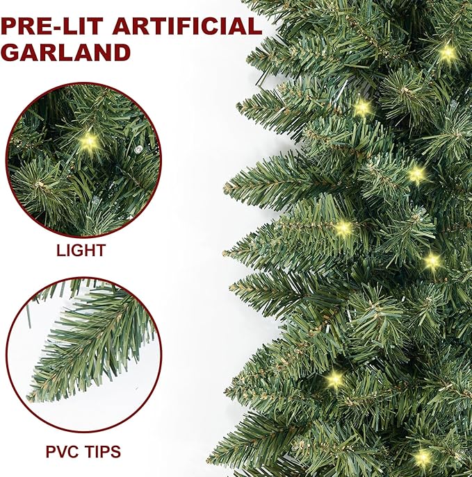 9FT Pre-Lit Artificial Christmas Garland with 50 White Light, Pulg in, Holiday Decorations Garland, Mantle for Indoor Holiday Door Home Decorations Stairs Fireplaces Wall