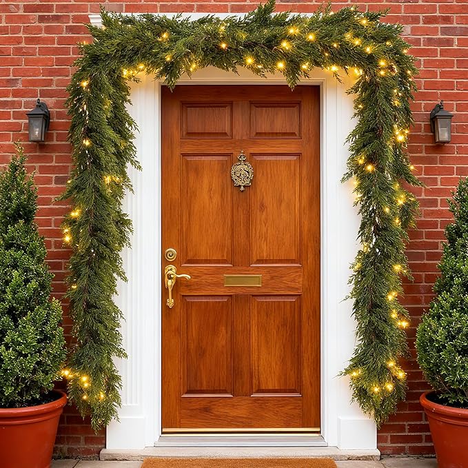 Christmas Cedar Garland with Light Mantle Decor 6ft Realistic Lighted Faux Pine Garlands for Home Decoration Indoor Stairs Railing Fireplace Outdoor 1pcs