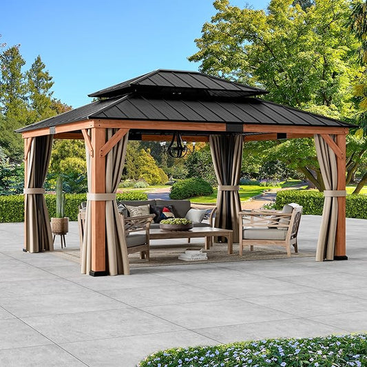 Modern Shade Rosewood Wood Gazebo 13' x 15', Cedar Framed Grill Gazebo with Double Galvanized Steel Roof, Mosquito Netting and Curtains, Permanent Hardtop with Sturdy Hooks for Garden, Backyard, Patio
