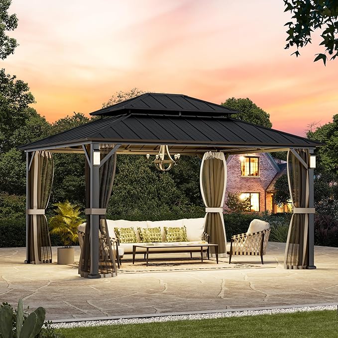 Modern Shade The Horizon Hardtop Gazebo 12' x 14' with 4 LED Lights, Permanent Outdoor Gazebo with Galvanized Steel Double Roof, Grill Pavilion with Decor Hooks, Mosquito Nettings, Black