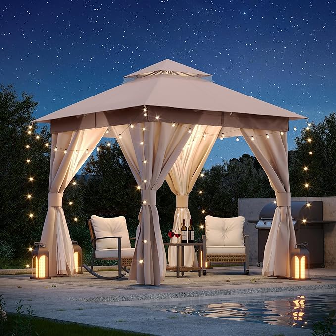 LAUSAINT HOME Semi-Permanent Patio Gazebo 8'x8' with Expansion Bolts, Outdoor Heavy Duty Shelter Party Tent with Double Roofs, Mosquito Nettings and Privacy Screens for Backyard, Garden, Lawn, Khaki