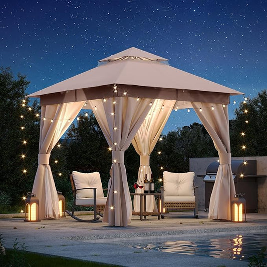 LAUSAINT HOME Semi-Permanent Patio Gazebo 8'x8' with Expansion Bolts, Outdoor Heavy Duty Shelter Party Tent with Double Roofs, Mosquito Nettings and Privacy Screens for Backyard, Garden, Lawn, Khaki