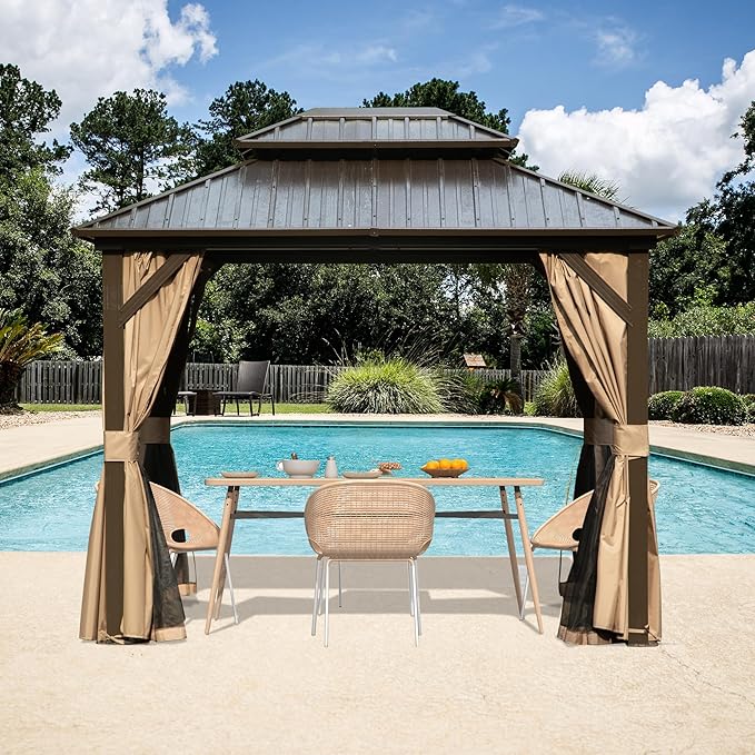 Domi 8' x 10' Hardtop Gazebo Permanent Metal Gazebo with Galvanized Steel Double Roof, Curtains and Netting for Party, Wedding, Outdoor Dining, Patio, Backyard, Brown