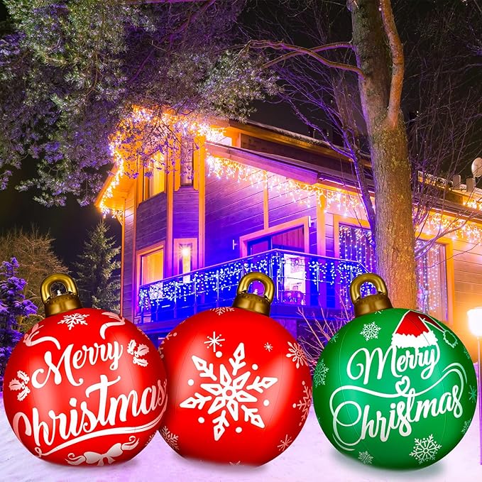 Jetec 4 Pcs Giant Inflatable Christmas Ball Large Xmas Inflatable Ornaments PVC Outdoor Holiday Blow Ball Outside Yard Lawn Porch Decorations (Cute,Mixed Red Green)