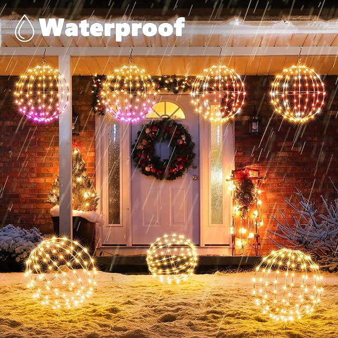 Joomer Smart RGB Christmas Hanging Ball Lights, 12in 108 LED Foldable Color Changing Xmas Light, App and Remote Control, Waterproof Outdoor Fairy Globe Lights for Christmas Decor (Non-Connectable)