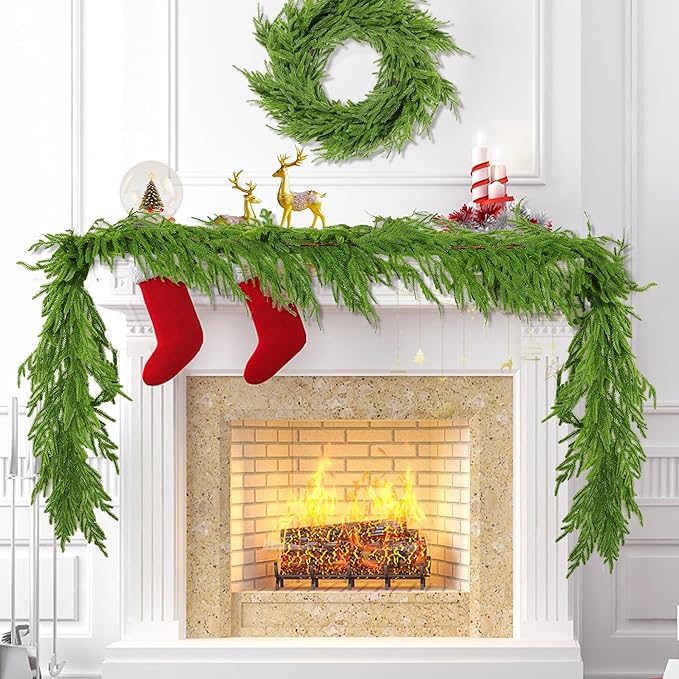 9 FT Christmas Norfolk Pine Garland Real Touch Artificial Faux Greenery Pine Christmas Garland Decorations for Home Mantle Table Stairs Door Fireplace Indoor Outdoor Xmas Holiday Decor
