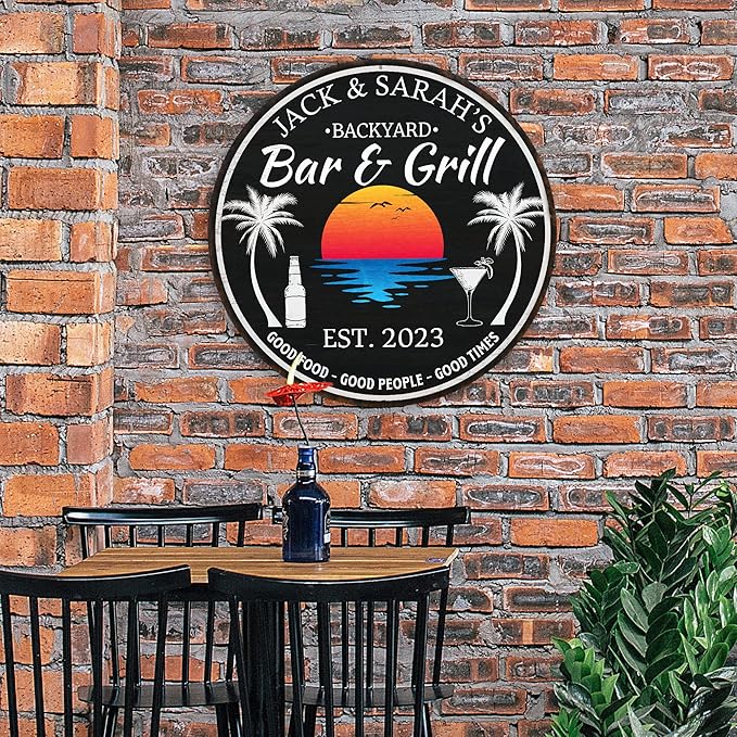 Personalized Backyard Bar & Grill Sign, Bar Sign, Wall Decor, Tropical Sign, Beach Wall Art, Patio Plaque, BBQ, Made in USA 18" 100180050007