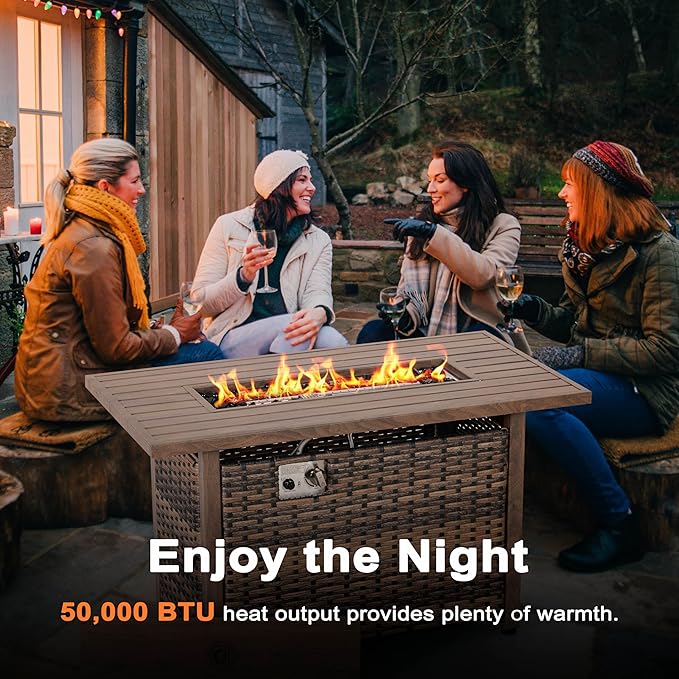 Nuu Garden 43¡± Propane Fire Pit, CSA-Listed Rattan Outdoor Fire Pit Table, 50,000 BTU Smokeless Gas Fire Table with Lid and Glass Beads, 2-in-1 Rectangular Fire Table for Outside Backyard Patio, Brown