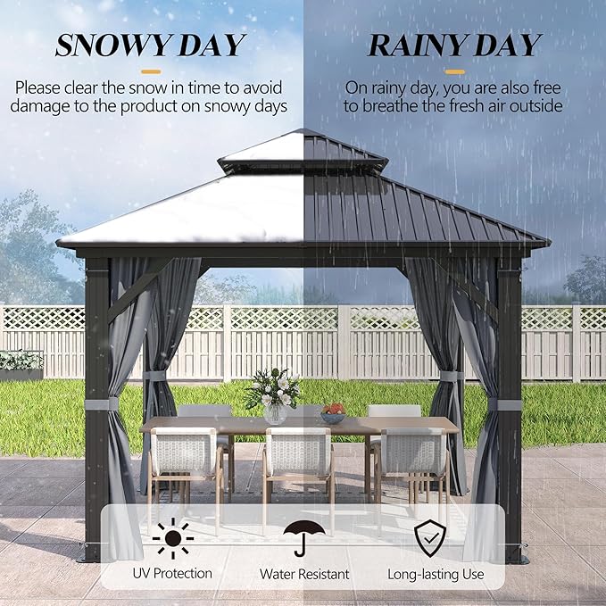 GARTOO 9.5x9.5FT Outdoor Hardtop Gazebo with Double Roof - Aluminum Heavy-Duty Steel Top Gazebo with Breathable Netting & Privacy Curtain for Patio, Porch, Garden, Lawn, Deck, Backyard