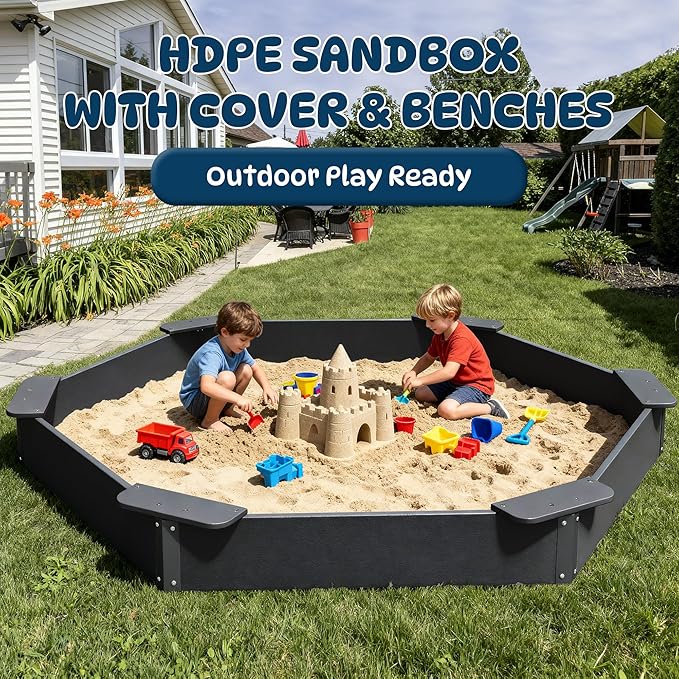 FOOWIN Hexagonal Outdoor Sandbox with Cover for Kids, HDPE Large Sandpit w/6 Benches, for Aged 3-12 Years Old, Sand Box for Children, Bottom Liner,Black