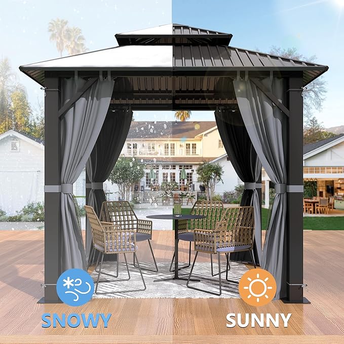 8.5'x8.5' Hardtop Gazebo, Outdoor Double Roof Galvanized Steel Gazebo, Aluminum Frame Permanent Pavilion with Curtains & Netting for Backyard, Patio, Deck (Galvanized Steel Top, 8.5x8.5 FT)
