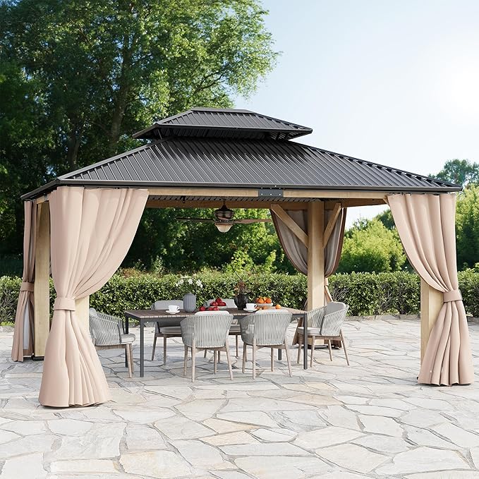 13‘x15’ Outdoor Wood Gazebo, Wooden Pavilion with Double Galvanized Steel Roof, Hardtop Gazebo with Natural Wood Frame, Curtains & Netting for Patio, Garden, Lawn, Deck, Backyard (13'x15')
