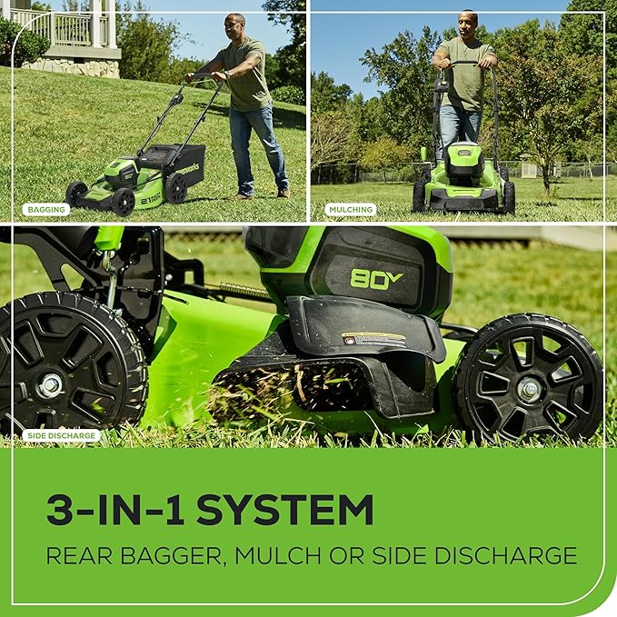 Greenworks 80V 21¡± Brushless (Push) Cordless Electric Lawn Mower + (500 CFM) Axial Leaf Blower (75+ Compatible Tools), (2) 2.0Ah Batteries and 30 Minute Rapid Charger